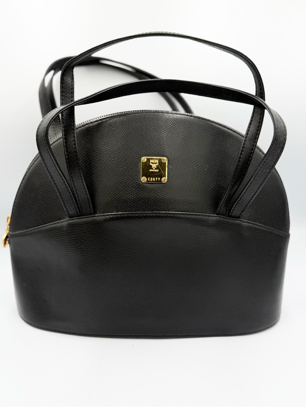 MCM Vintage Black Leather Dome Shoulder Bag with Gold Plaque With COA